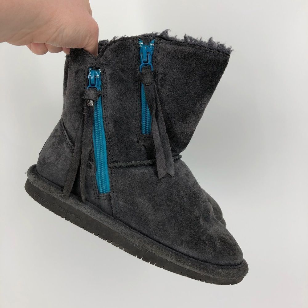 BEARPAW Gray Suede Blue Side Zip Winter Boots
